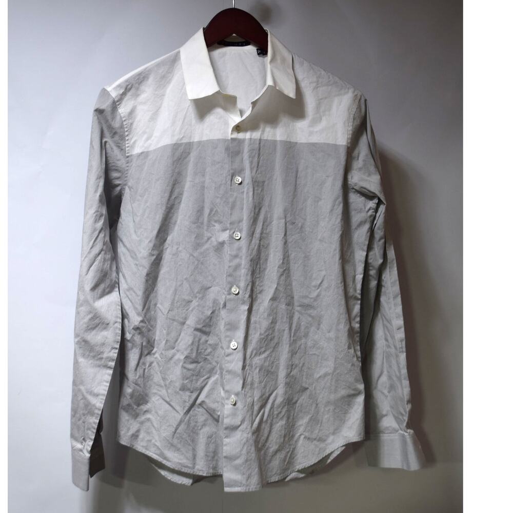 Theory Mens Button Down Shirt Colorblock White Gray Long Sleeve Cotton Small